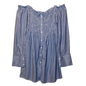 Millibon Off Shoulder Shirt Dress Women Medium blue White Striped Button Up Mini